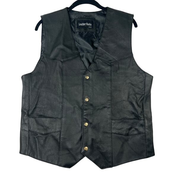 Leather Works Genuine Leather Black Biker Vest Size S Snap Front Pockets Lined - Picture 1 of 11